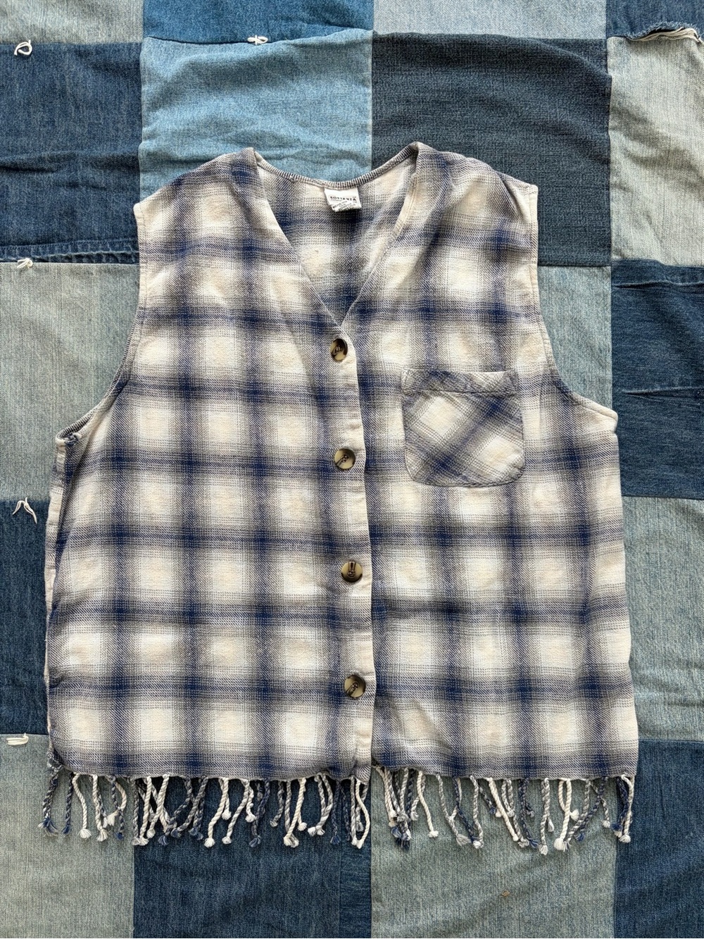90s Vintage Plaid Fringe Vest Sostanza 100% Cotton Blue White Size L
